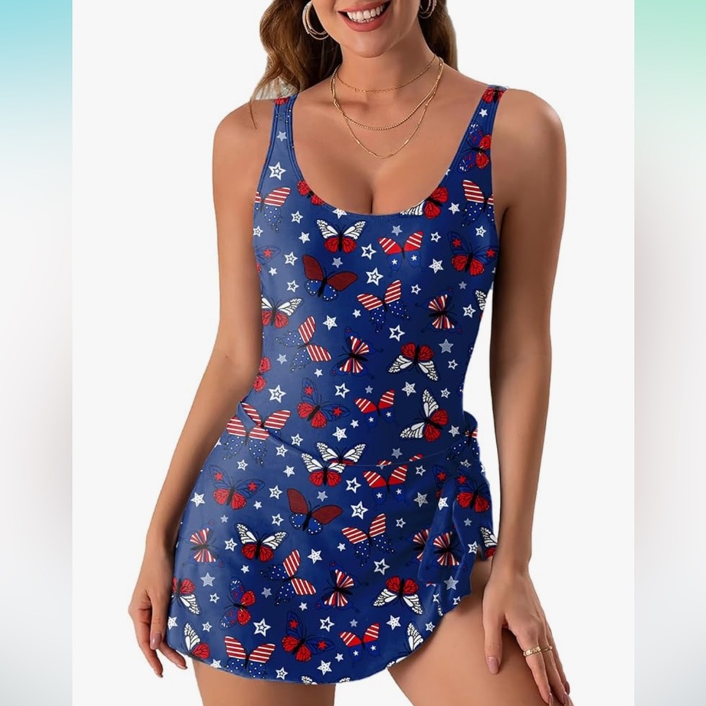 Blue Patriotic Butterfly Swim Dress One Piece Vacation Beach Pool American Flag